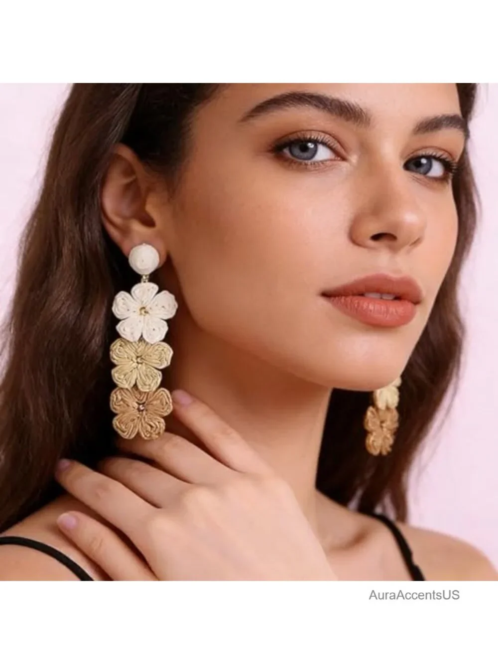 Handmade Raffia Flower Dangle Earrings Boho Statement Straw Rattan Jewelry